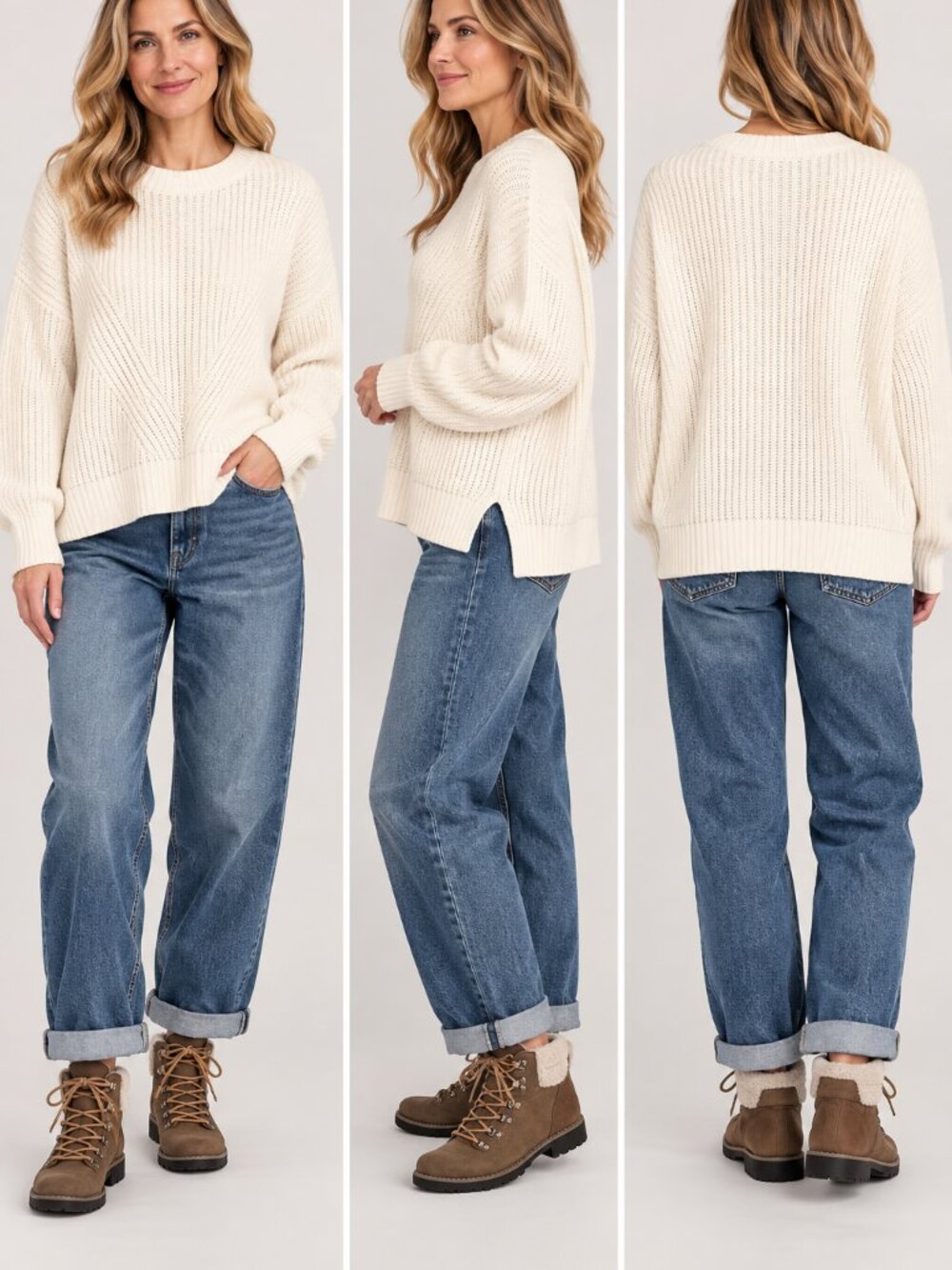 Abercrombie & Fitch Wedge Knit  Ribbed Crewneck Cream Sweater L